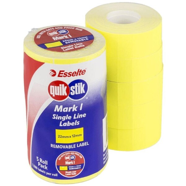 Quikstik Mark I Pricing Gun Label Removable 1500 Labels/Roll Fluoro Yellow Box 5