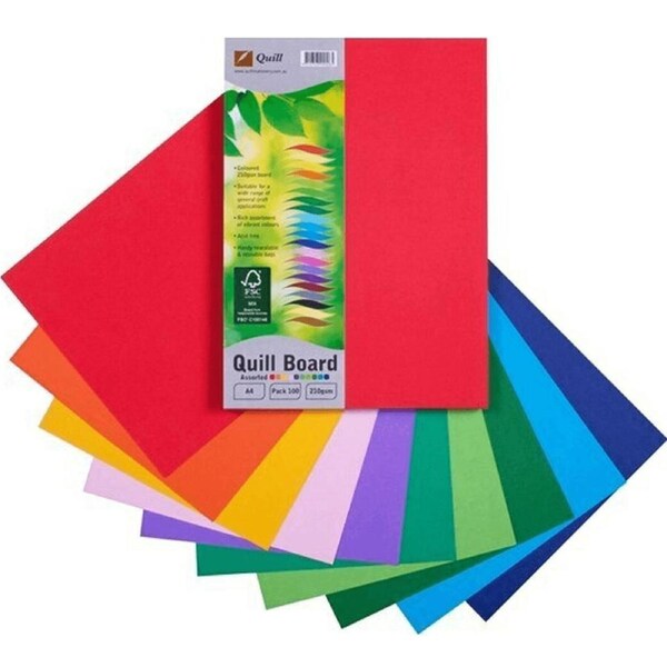 Quill Board 210GSM Thick A4 Assorted Colours Pack 100 Sheets Cardboard Paper