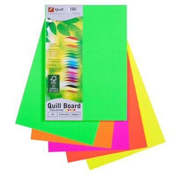 Quill Board Paper 230GSM A4 Fluoro Assorted Pack 5