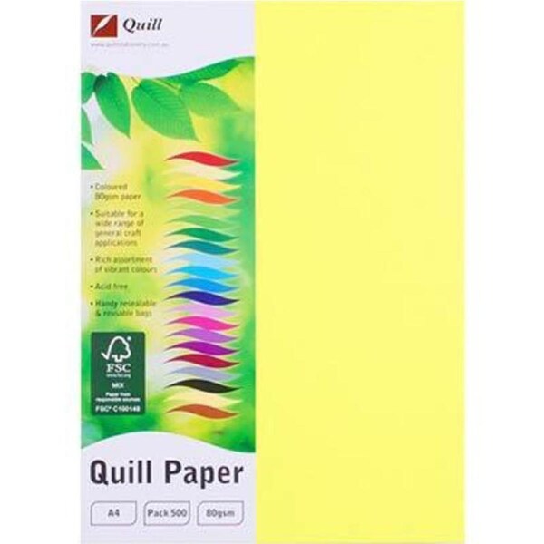 Quill Coloured A4 Copy Paper 80GSM Fluoro Yellow Pack 500 Sheets