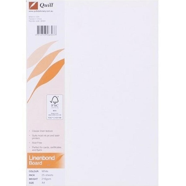 Quill Linen Bond Board Paper 216GSM A4 White Pack 25 Sheets