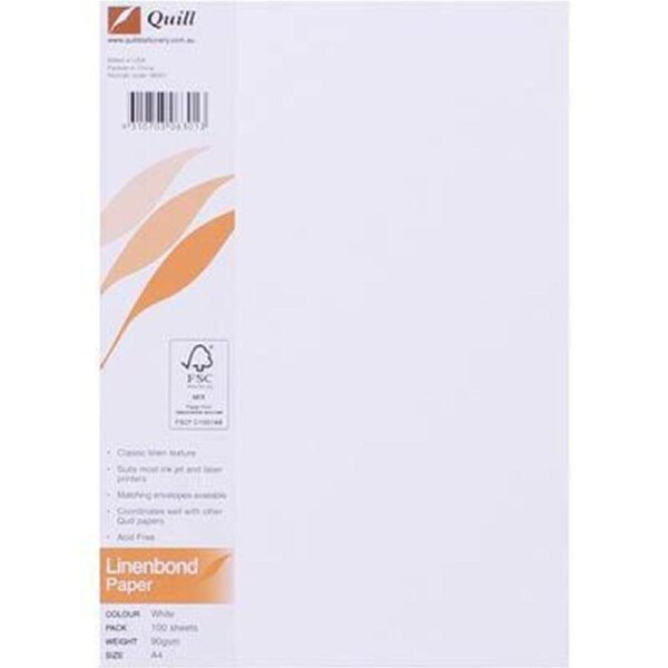 Quill Linen Bond Paper A4 90GSM White Pack 100