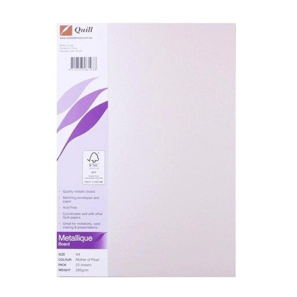 Quill Metallique Board Paper Thick 285GSM A4 Mother Of Pearl Pack 25