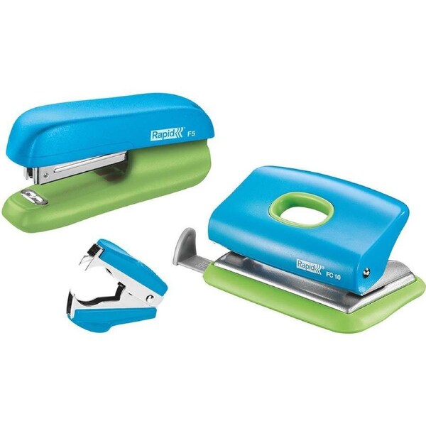 Rapid F5 Mini Stapler Hole Punch Staples Remover Blue/Green Value Pack