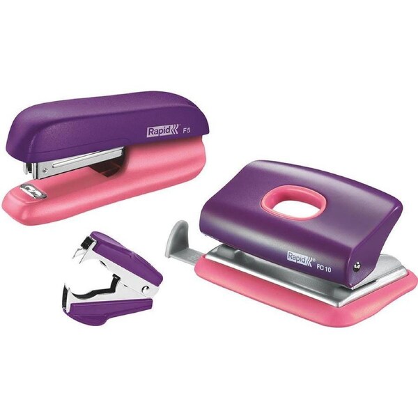 Rapid F5 Mini Stapler Hole Punch Staples Remover Purple/Apricot Value Pack