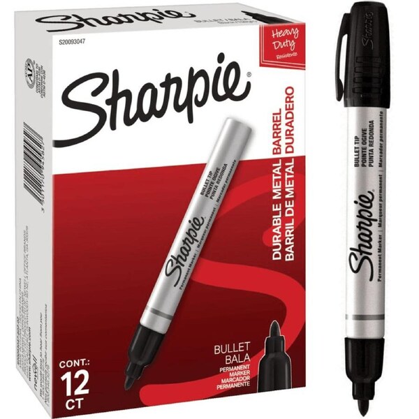 Sharpie Permanent Marker Metal Barrel Bullet 1.5mm Durable Heavy Duty Black Box 12