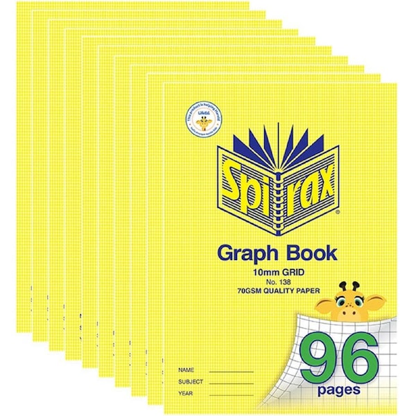 Spirax 138 Graph Book 10mm Grid 96 Page A4 Pack 10