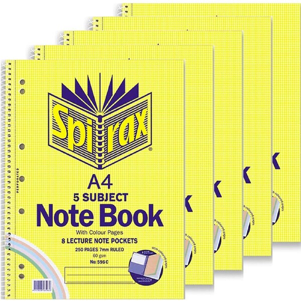Spirax 596C 5-Subject Notebook 7mm Ruled Coloured Paper Spiral 250 Page A4 Pack 5