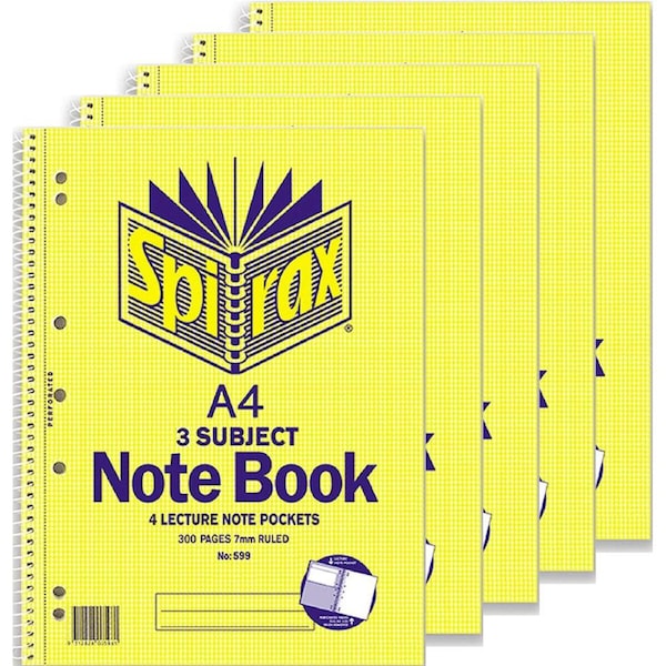 Spirax 599 3-Subject Notebook 7mm Ruled Spiral Bound 300 Page A4 Pack 5