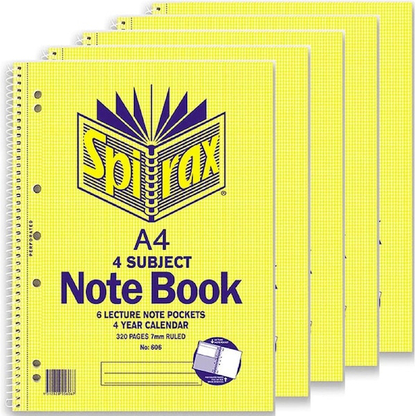 Spirax 606 4 Subject Notebook Spiral Bound 320 Page A4 Pack 5