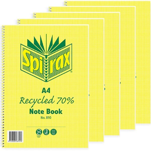 Spirax 810 Notebook 7mm Ruled 70% Recycled Spiral Bound A4 120 Page Pack 5
