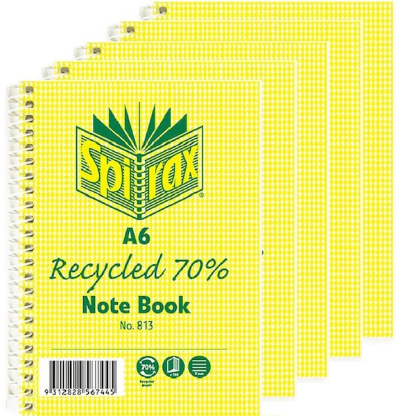Spirax 813 Notebook 7mm Ruled 70% Recycled Spiral Bound A6 100 Page Pack 5
