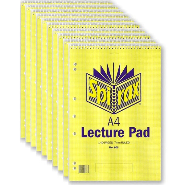 Spirax 905 Lecture Book Pad 7mm Ruled 7 Hole Punched Spiral 140 Pages A4 Pack 10