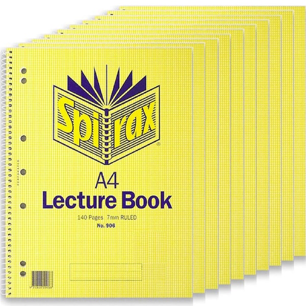 Spirax 906 Lecture Book 7mm Ruled Hole Punched Spiral Bound 140 Pages A4 Pack 10
