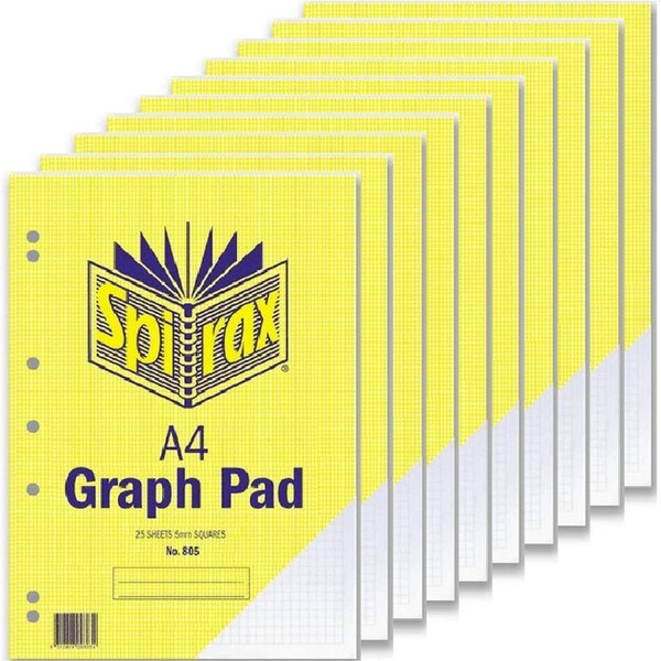 Spirax Graph Pad Book 805 5mm 25 Leaf A4 Squares Pack 10