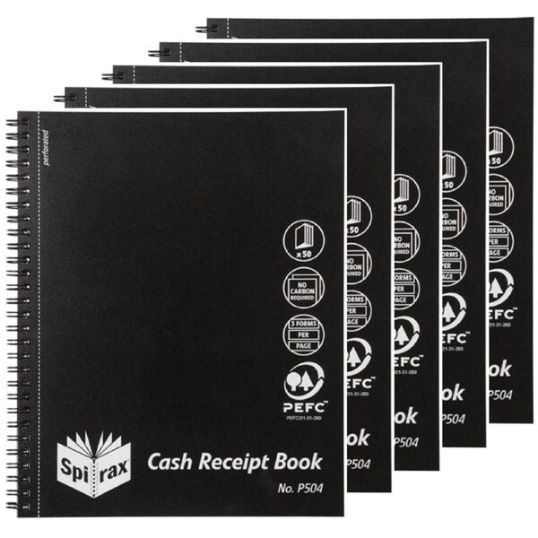 Spirax P504 Cash Receipt Black Cover Quarto Pack 5