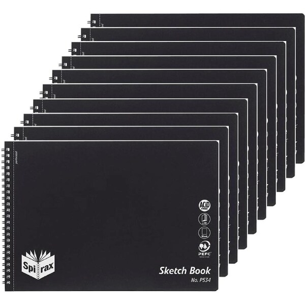 Spirax P534 Sketch Book Spiral Bound Side Open 40 Page A4 Black Pack 10
