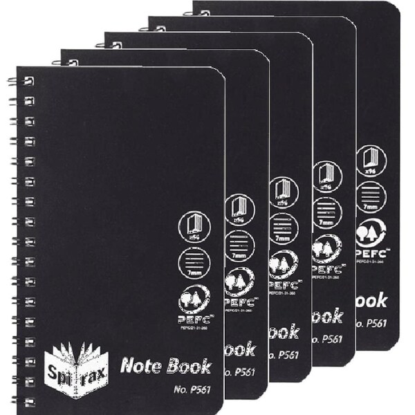 Spirax P561 Notepad Spiral Bound Side Open 96 Page 147x87mm Black Pack 5