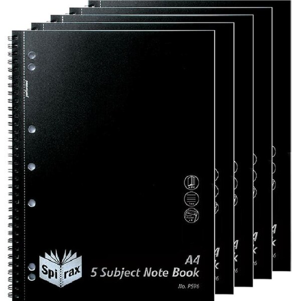 Spirax P596 5-Subject Notebook 7mm Ruled Spiral Bound 250 Page A4 Black Pack 5