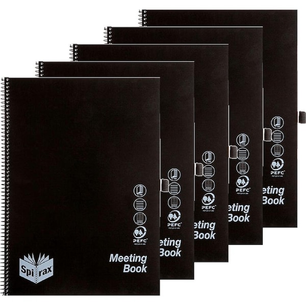 Spirax P703 Meeting Book Spiral Bound 140 Page A4 Black 5 Pack