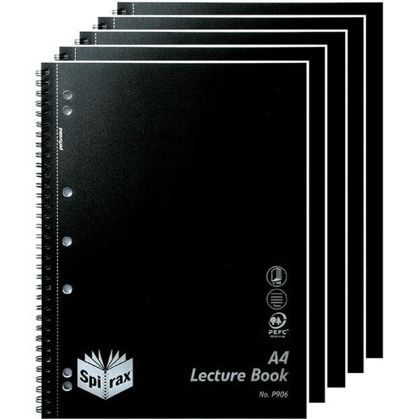 Spirax P906 Lecture Book 7mm Ruled 7 Hole Punched Wiro Bound A4 Black 5 Pack
