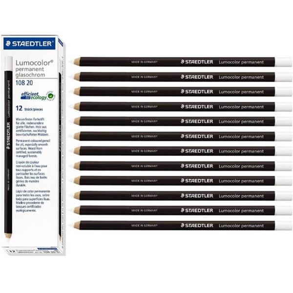 Staedtler 108 Lumocolor Permanent Glasochrom Pencils White Box 12