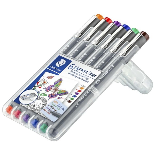 Staedtler 308 Pigment Liner Pens 0.3mm Nib Assorted Pack 6