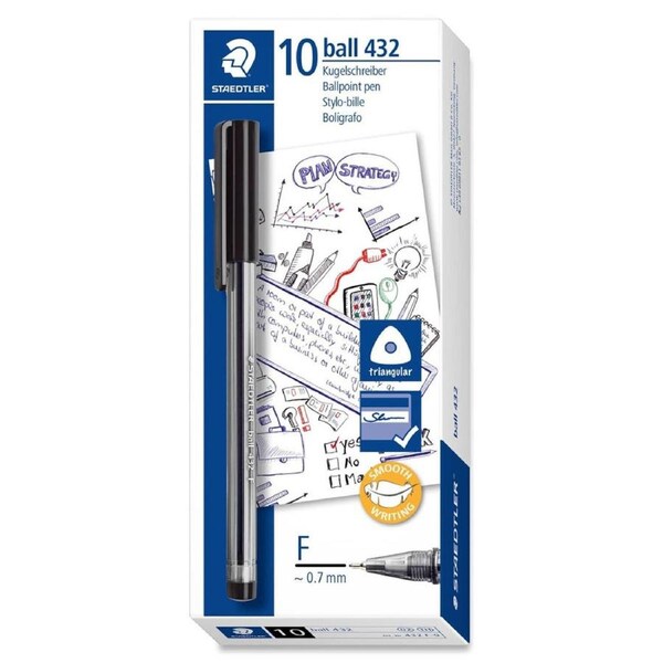 Staedtler 432 Triangular Ballpoint Stick Pen Fine Black Box 10