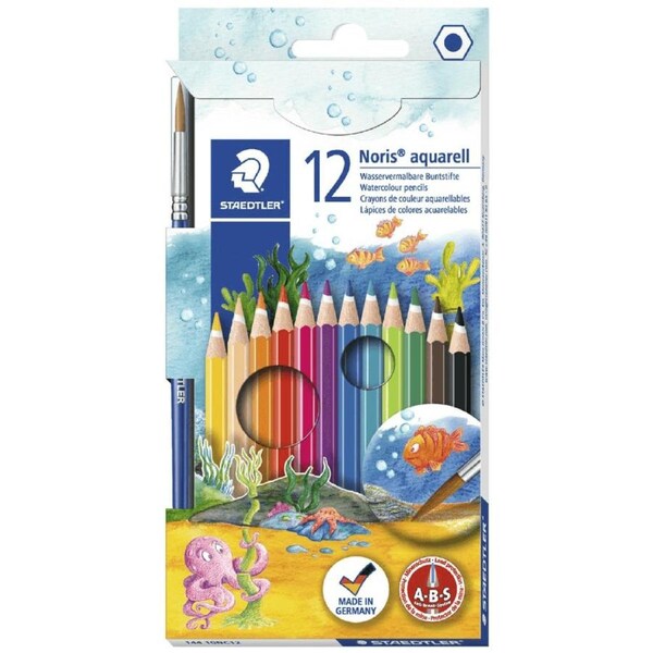 Staedtler Noris Club Aquarell Watercolour Pencils Assorted Box 12 + Brush