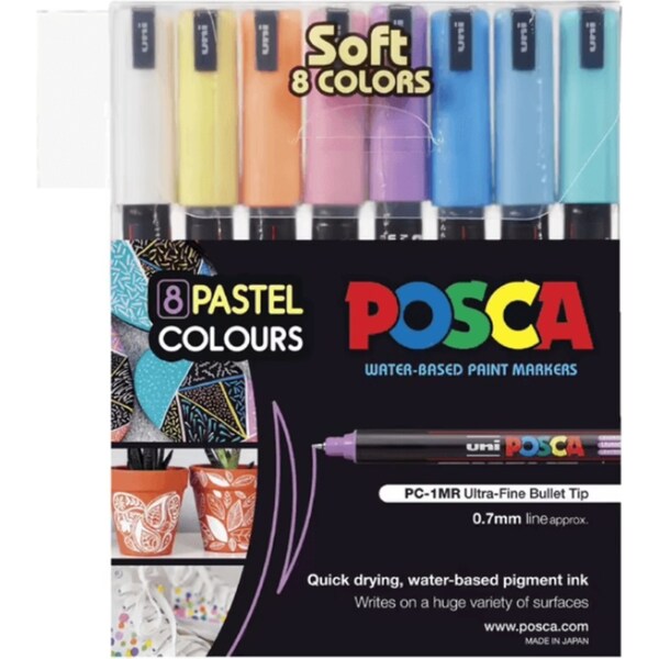 Uni PC-1MR Posca Poster Marker Ultra Fine Round Tip 0.7mm Pastel Colours 8 Pack