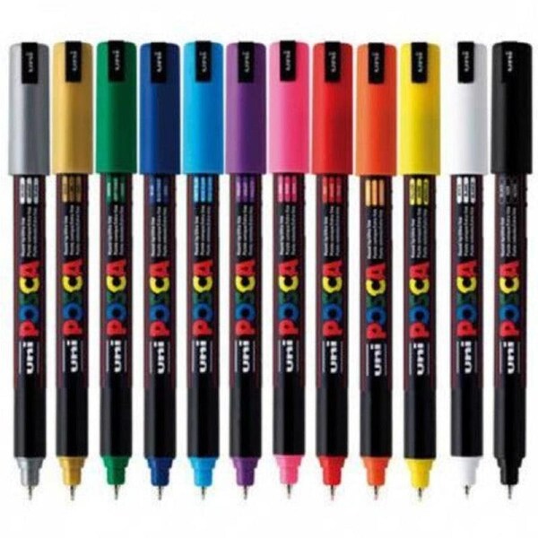 Uni PC1M Posca Poster Markers Extra Fine Bullet Tip 1mm Assorted Pack 12
