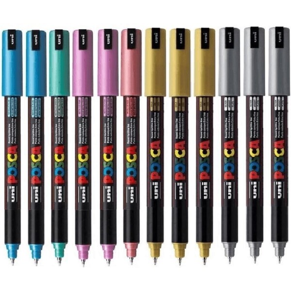 Uni Posca Coloured Metallic Marker 1mm Assorted Colours Box 12 PC-1MR