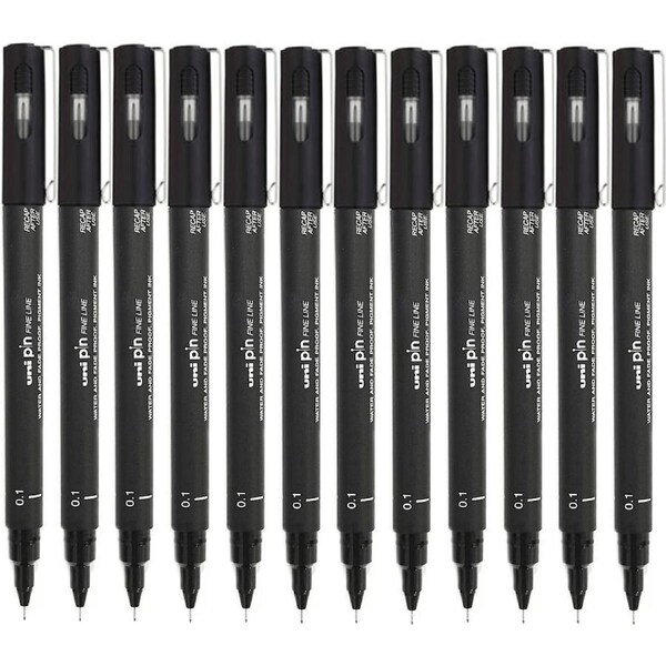 Uni-Ball 200 Pin Fineliner Pen 0.1mm Thin Black Box 12