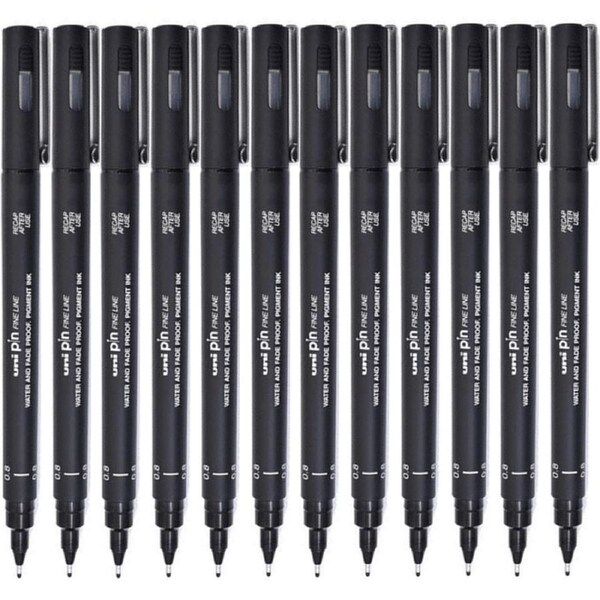 Uni-Ball 200 Pin Fineliner Pen 0.8mm Thin Black Box 12