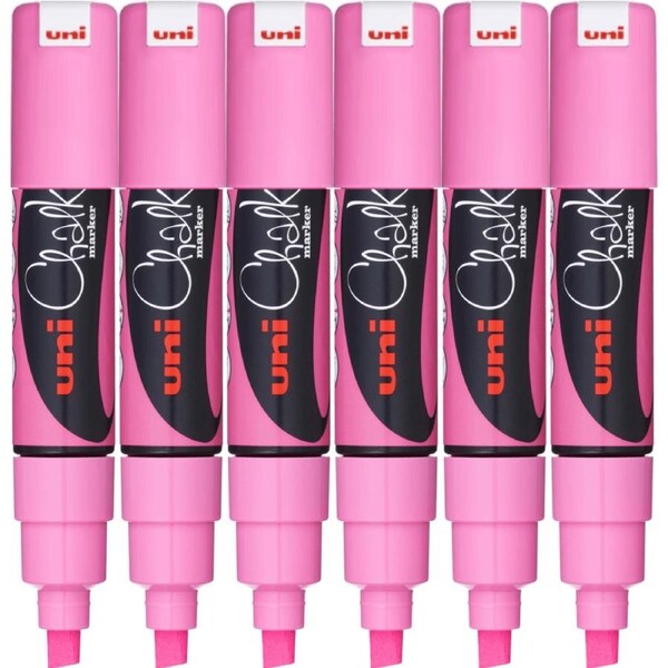 Uni-Ball Chalk Marker Chisel Tip 8mm Thick Fluoro Pink 6 Pack PWE8K