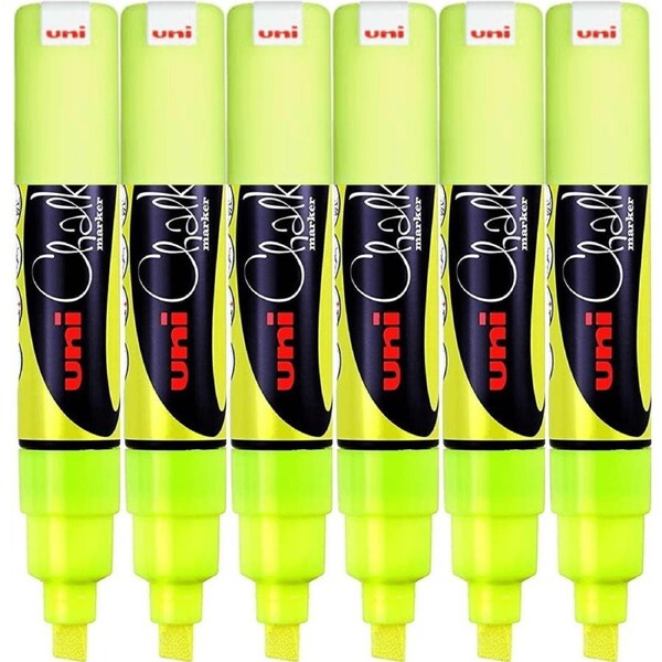 Uni-Ball Chalk Marker Chisel Tip 8mm Thick Fluro Yellow 6 Pack PWE8K