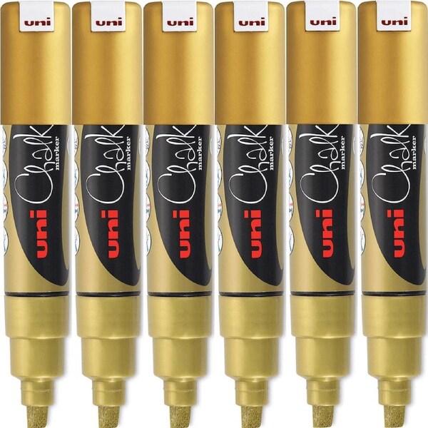 Uni-Ball Chalk Marker Chisel Tip 8mm Thick Gold 6 Pack PWE8K