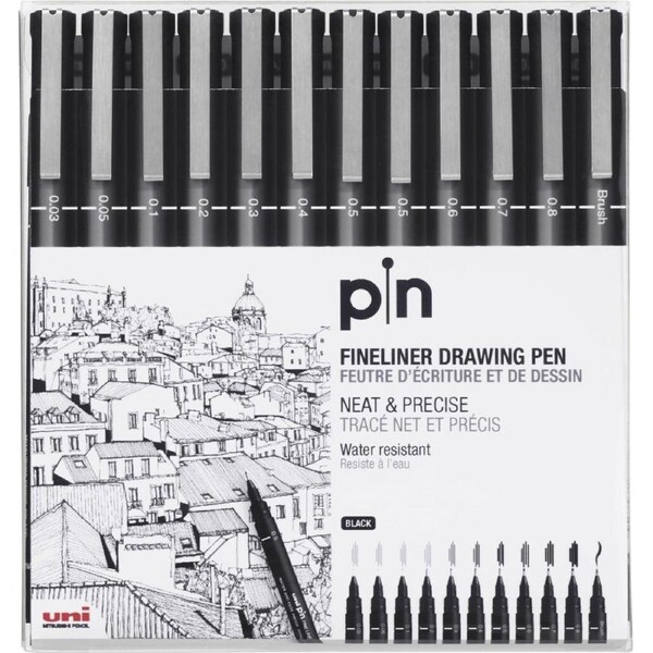 Uni-Ball Pin 200 Fineliner Drawing Felt Pens Assorted Nibs Sizes Wallet 12