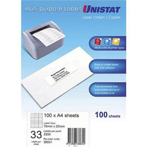 Unistat 38931 Multi-Purpose Label 33up 70x25mm White Pack 100