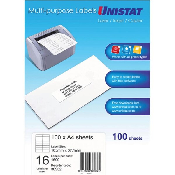 Unistat 38932 Multi-Purpose Labels 16/Sheet 105x37mm White Pack 100