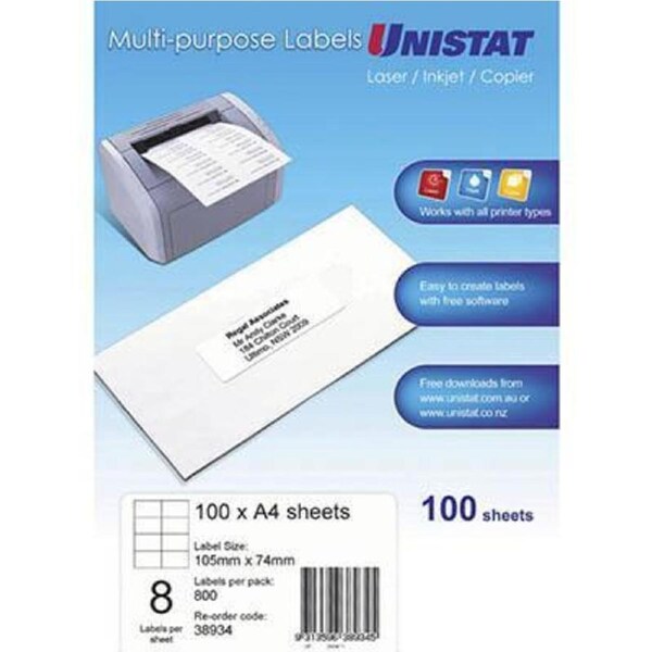 Unistat 38934 Multi-Purpose Label 8up 105x74mm White Pack 100