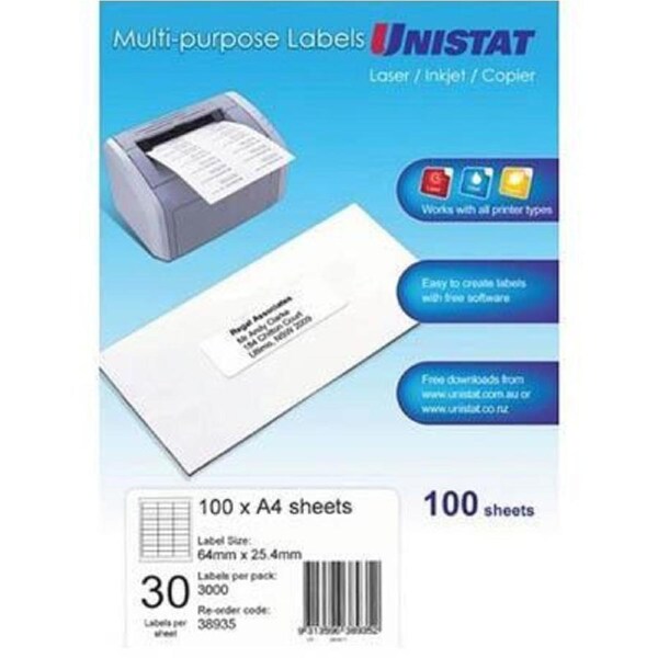 Unistat 38935 Multi-Purpose Label 30up 64x25.4mm White Pack 100