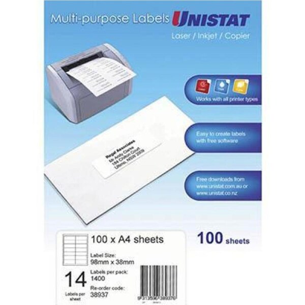 Unistat 38937 Multi-Purpose Label 14up 98x38mm White Pack 100