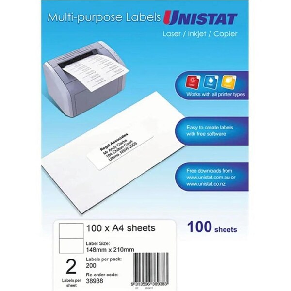 Unistat 38938 Multi-Purpose Label 2UP 148x210mm White Pack 100