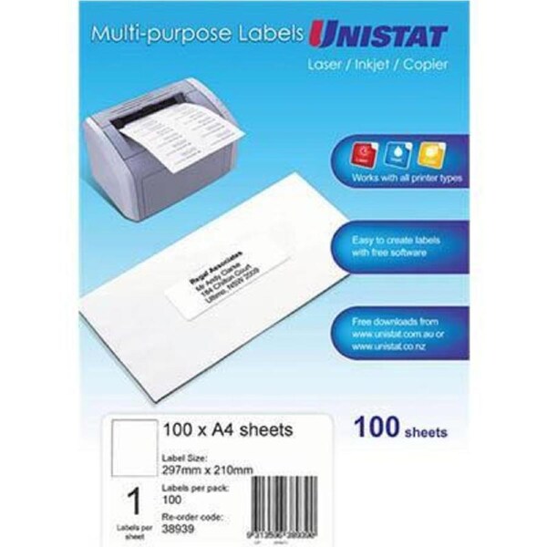 Unistat 38939 Multi-Purpose Label 1up 297×210mm White Pack 100