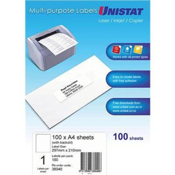 Unistat 38940 Multi-Purpose Label 1up 297x210mm White Pack 100