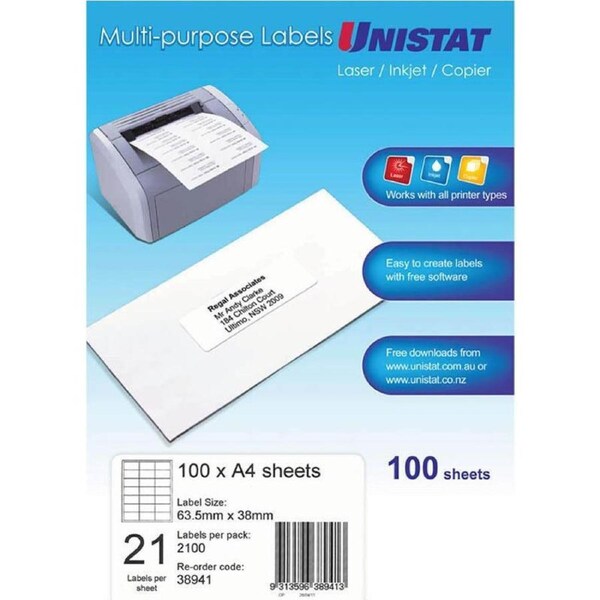 Unistat 38941 Multi-Purpose Label 21up 63.5x38mm White Pack 100