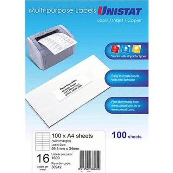 Unistat 38942 Multi-Purpose Label 16up 99x34mm White Pack 100