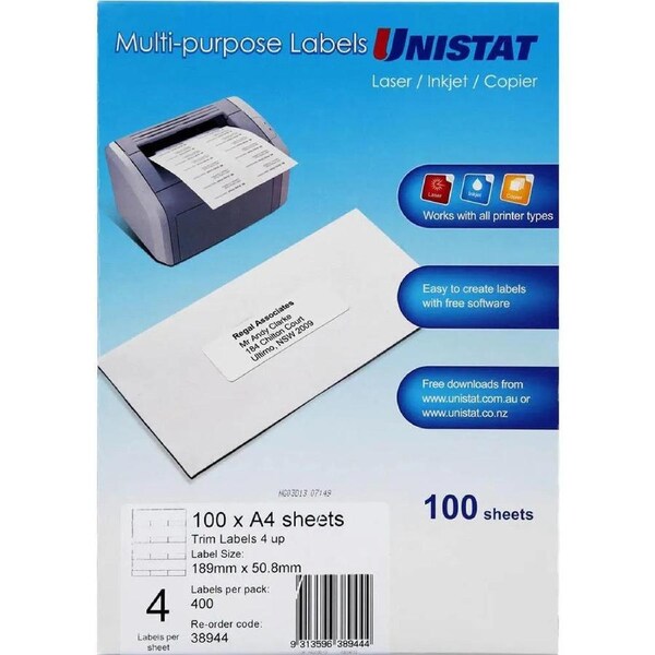 Unistat 38944 Labels 4UP/Page 189x50.8mm Pack 100 Sheets