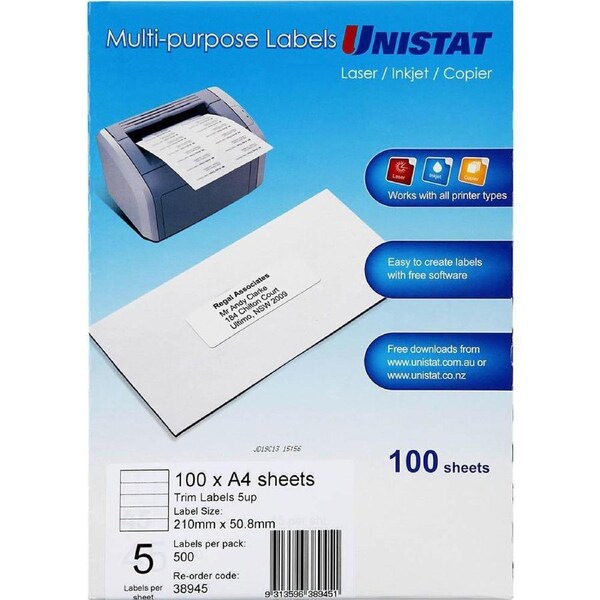 Unistat 38945 Trim Label 5up A4 Pack 100 Sheets